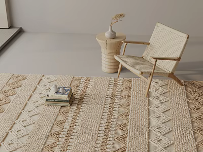 Square Woven Rug In Neutral Tones With Wicker Chair 3d model