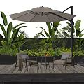 Outdoor Sofa Setup With Patio Umbrella Lush Green Plants And Wooden Deck