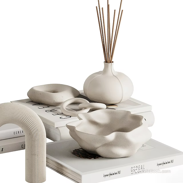 Minimalist White Ceramic Tableware Set With Reed Diffuser And Tabletop Home Decor 3d model 