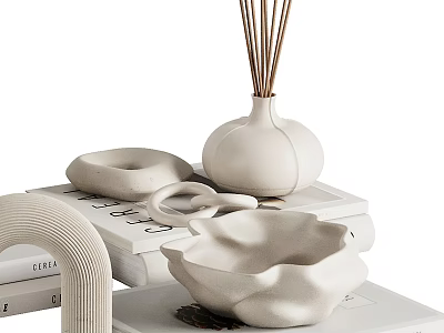 Minimalist White Ceramic Tableware Set With Reed Diffuser And Tabletop Home Decor 3d model