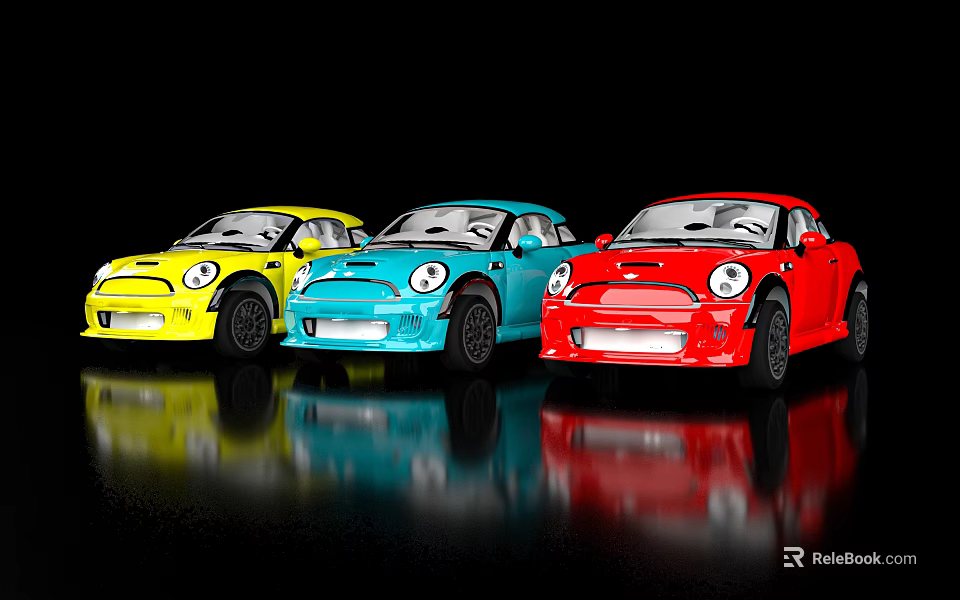 Three Colorful Mini Cars Yellow Blue Red on Black Background With Reflection 3d model 