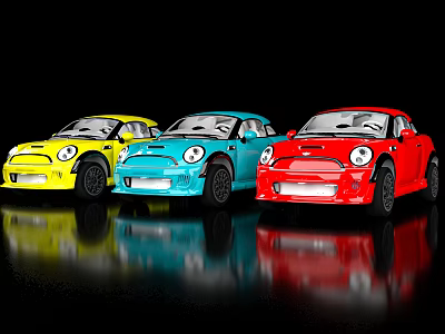 Three Colorful Mini Cars Yellow Blue Red on Black Background With Reflection 3d model