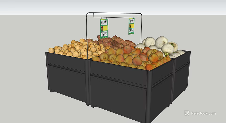 Supermarket Grocery Assorted Fresh Fruits Vegetables On Black Display Shelf With Price Tags 3d model 