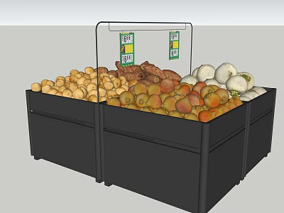 Supermarket Grocery Assorted Fresh Fruits Vegetables On Black Display Shelf With Price Tags 3d model