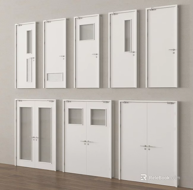 White Interior Doors with Various Designs Including Glass Panels and Double Doors 3d model 