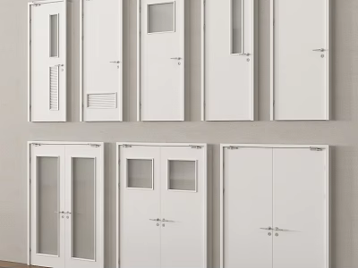 White Interior Doors with Various Designs Including Glass Panels and Double Doors 3d model