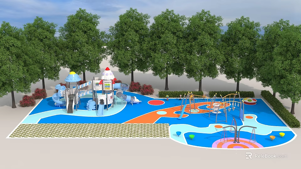 Outdoor Children's Playground Play Equipment With Slides Climbing Frames Water Sprinklers And Colorful Floors 3d model 