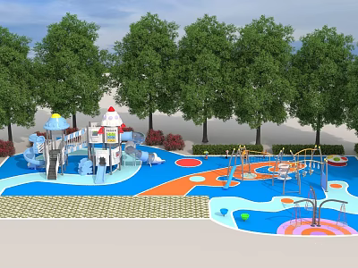 Outdoor Children's Playground Play Equipment With Slides Climbing Frames Water Sprinklers And Colorful Floors 3d model
