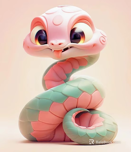 Cartoon Style Cute Snake Art Installation with Pink Green Spiral Body and Big Eyes Design 3d model 