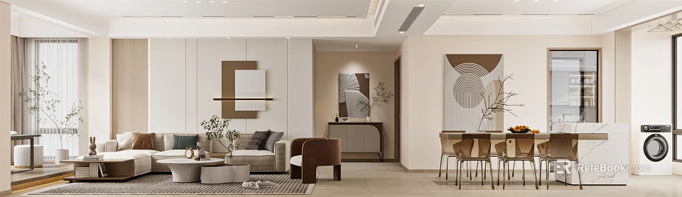 Modern Living and Dining Room Interior With Sofa Chairs Artwork Cabinet And Decorative Plants 3d model 