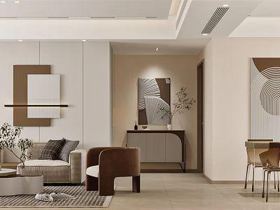 Modern Living and Dining Room Interior With Sofa Chairs Artwork Cabinet And Decorative Plants 3d model