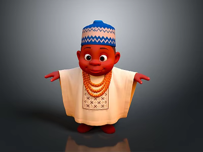 Cartoon Child with Red Blue White Hat White Robe Orange Necklaces Embroidered Chest Open Arms 3d model