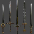 Intricate Decorative Swords With Unique Designs And Metallic Finish On Dark Background