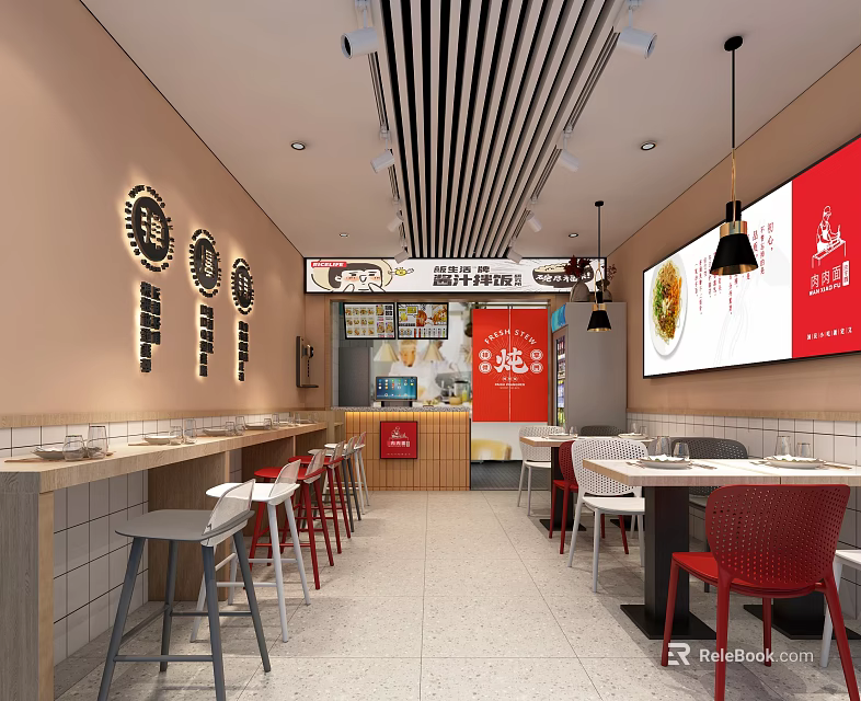 Modern Restaurant Interior With Red Chairs White Stools Counter Hanging Lights And Wall Decor 3d model 