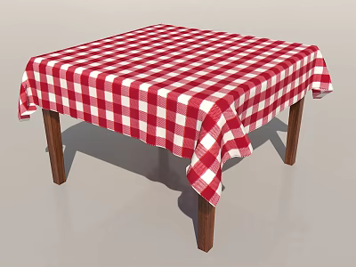 Classic Dining Table With Red And White Checkered Tablecloth And Wooden Legs 3d model