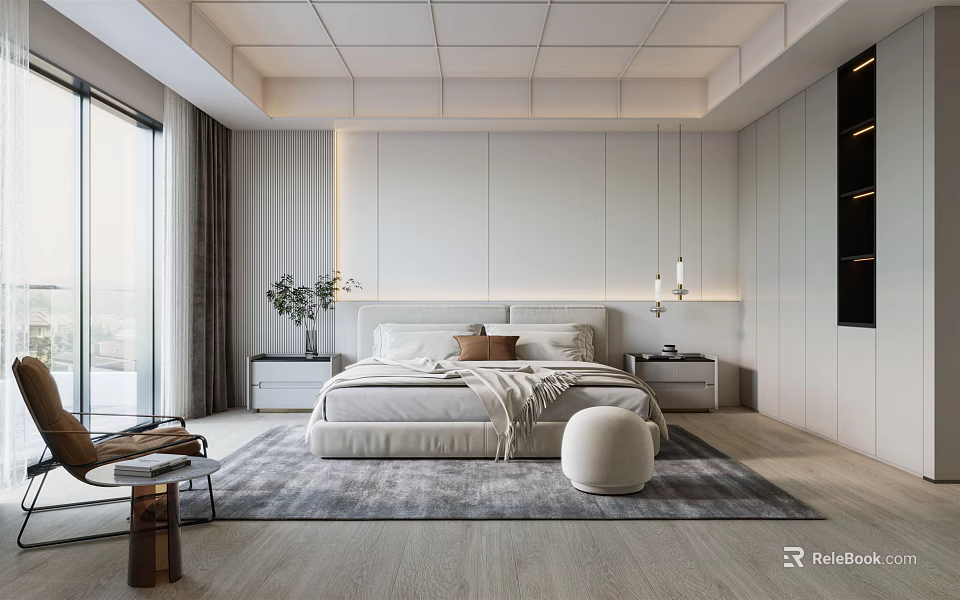 Modern Bedroom Interior Design With White Walls Large Bed Gray Rug Nightstands And Pendant Lights 3d model 