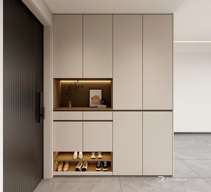 Modern Minimalist Shoe Cabinet With Light Colored Doors Open Compartment LED Light Strip And Decorations 3d model 