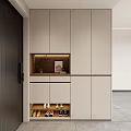 Modern Minimalist Shoe Cabinet With Light Colored Doors Open Compartment LED Light Strip And Decorations