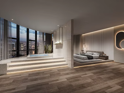 Modern Hotel Room With Large Windows City View Bathtub And Wooden Flooring 3d model