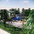 Serene Garden Landscape Design With Pool Stones Green Plants And Wooden Pavilion