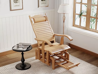 Wooden Recliner Lounge Chair With Ottoman Beside Small Table And Floor Lamp Near Window 3d model
