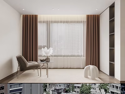 Modern Brown Curtains With Sheer Panels In Living Room Window Interior Design 3d model
