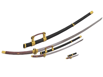Traditional Japanese Swords With Black Scabbards And Golden Decorations In Various Lengths 3d model
