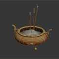 Traditional Orange Incense Burner With Gold Patterns Handles And Red Sticks