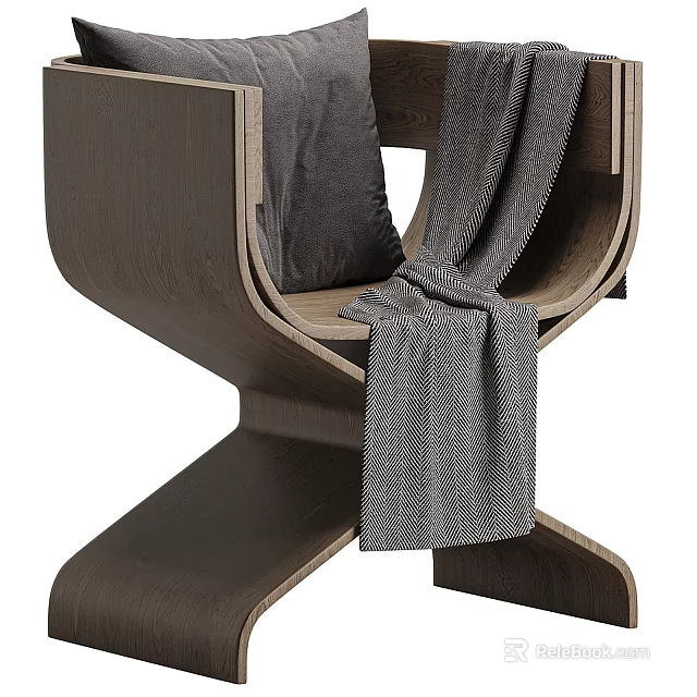 Modern Wooden Leisure Chair With Curved Frame Gray Cushion And Cozy Blanket 3d model 