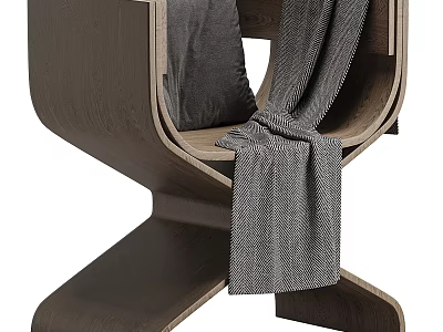 Modern Wooden Leisure Chair With Curved Frame Gray Cushion And Cozy Blanket 3d model