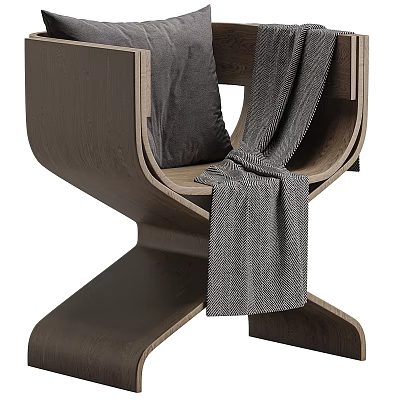Modern Wooden Leisure Chair With Curved Frame Gray Cushion And Cozy Blanket 3d model