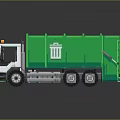Green Garbage Truck With White Cab Reflective Surface Yellow Warning Light And Trash Bin Symbol