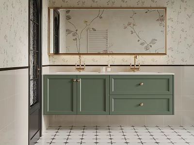 Green Bathroom Vanity With Double Faucets And Gold Framed Mirror Floral Wallpaper Checkered Tiles 3d model