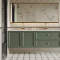 Green Bathroom Vanity With Double Faucets And Gold Framed Mirror Floral Wallpaper Checkered Tiles