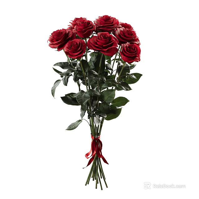 Fresh Red Roses Flower Bouquet With Green Leaves Tied In Red Ribbon 3d model 