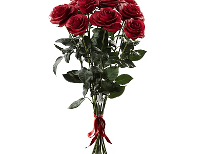 Fresh Red Roses Flower Bouquet With Green Leaves Tied In Red Ribbon 3d model