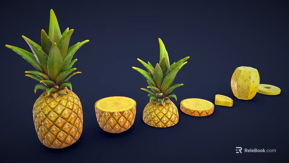 Fresh Ripe Pineapples With Green Leaves Whole And Sliced Pieces On Dark Background 3d model 