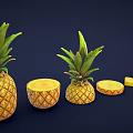 Fresh Ripe Pineapples With Green Leaves Whole And Sliced Pieces On Dark Background