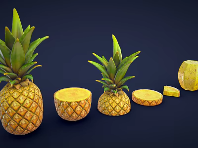 Fresh Ripe Pineapples With Green Leaves Whole And Sliced Pieces On Dark Background 3d model