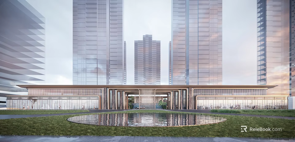 Grand Modern Entrance Gate With Water Pool And Lawn Area Fronting Tall Buildings 3d model 
