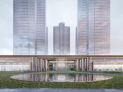 Grand Modern Entrance Gate With Water Pool And Lawn Area Fronting Tall Buildings 3d model