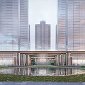 Grand Modern Entrance Gate With Water Pool And Lawn Area Fronting Tall Buildings