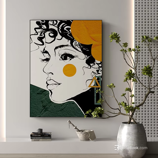 Modern Abstract Female Portrait Painting With Curly Hair Yellow Circular Accent And Green Black Background 3d model 