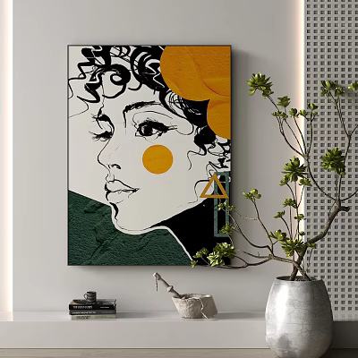 Modern Abstract Female Portrait Painting With Curly Hair Yellow Circular Accent And Green Black Background 3d model