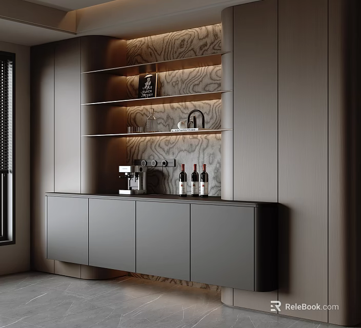 Elegant Modern Sideboard Cabinet In Dining Room With Textured Wall Open Shelves And Wine Bottles 3d model 