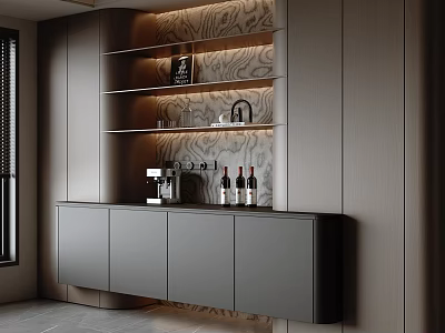 Elegant Modern Sideboard Cabinet In Dining Room With Textured Wall Open Shelves And Wine Bottles 3d model