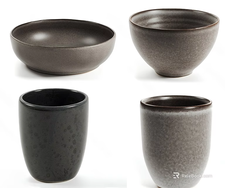 Minimalist Ceramic Vessels Including Bowls and Mugs in Gray and Black Textured Finish 3d model 