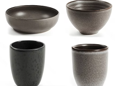 Minimalist Ceramic Vessels Including Bowls and Mugs in Gray and Black Textured Finish 3d model