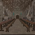 Medieval Great Hall Interior With High Vaulted Stone Ceiling Wooden Beams And Hanging Candle Chandeliers