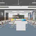 School Classroom With Desks Chairs Teacher Desk Blue Screen Ceiling Fan And Windows